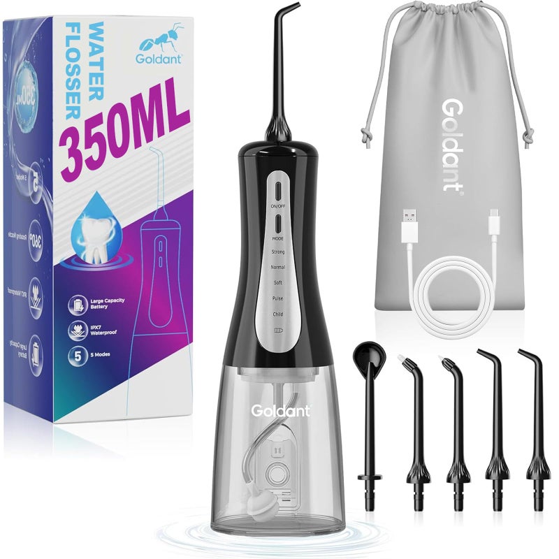GOLDANT 350ML Water Flosser for Teeth Cordless Dental Pick with Travel Bag, 5 Modes Portable Oral Irrigator Cleaner, Electric Rechargeable IPX7 Waterproof for Travel Home Teeth Cleaning Floss(Black)